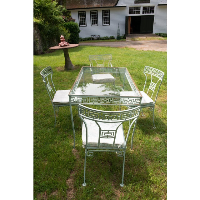 Metal 1940s Salterini Greek Key Wrought Iron Dining Set in Aqua Finish, Attributed, 5 Pieces For Sale - Image 7 of 13