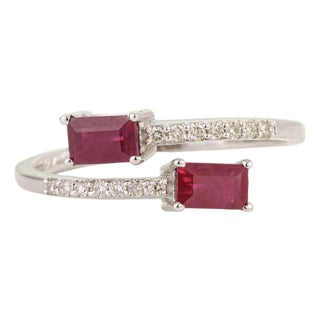 Contemporary 14k White Gold Ruby & Diamond Open Bypass Ring Size 4 For Sale