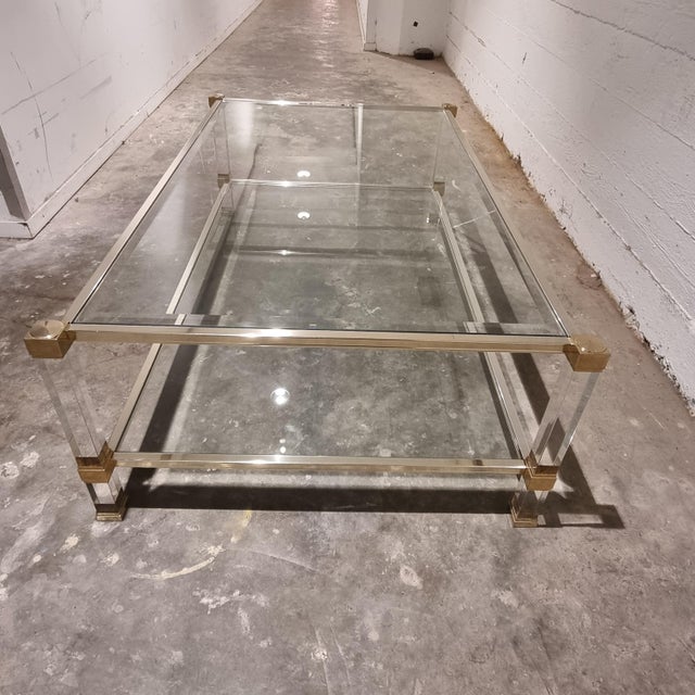 Metal Rectangular 2-Tiered Coffee Table in Acrylic Glass and Brass by Pierre Vandel, 1970s For Sale - Image 7 of 10
