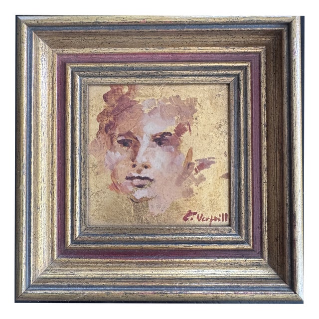 Eddie Versaille, Expressionist Portrait, 1980s, Oil on Panel & Gold Leaf For Sale