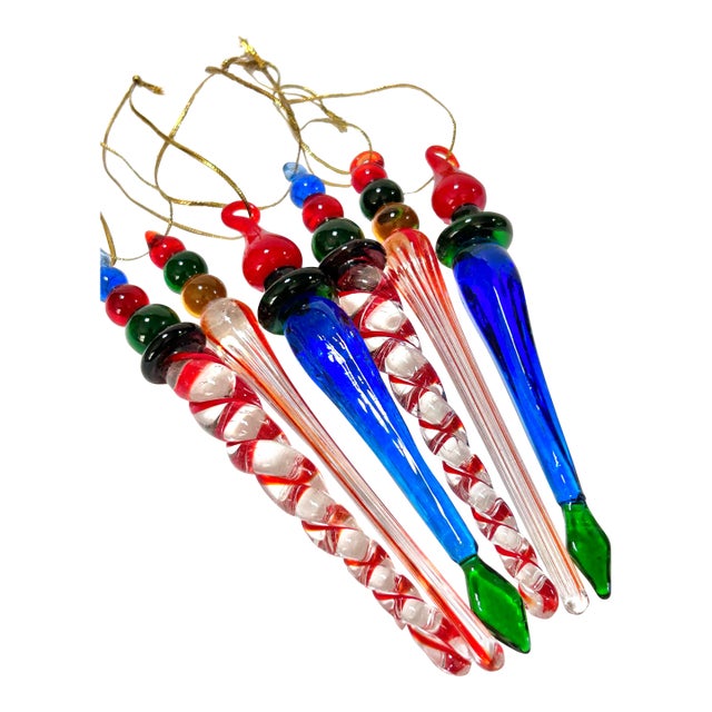 Vintage Hand Blown Glass Icicle Christmas Ornaments – Multicolor Swirl – Set of 6 For Sale