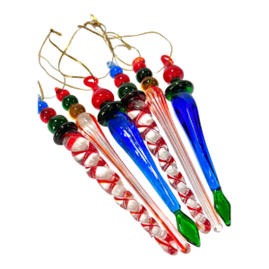Vintage Hand Blown Glass Icicle Christmas Ornaments – Multicolor Swirl – Set of 6