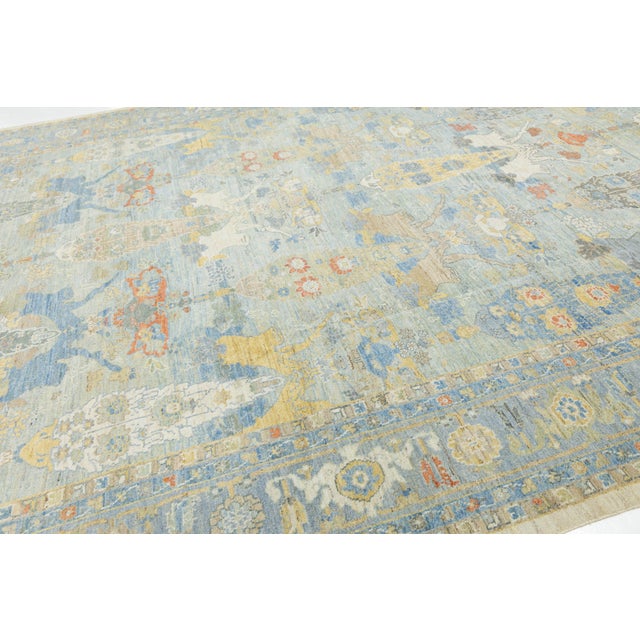 12 X 16 Modern Sultanabad Hand-Knotted Wool Rug – Sky Blue & Goldenrod Floral For Sale - Image 4 of 11