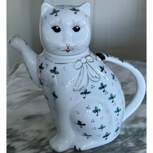 1970’s Blue & Green Accent Lucky Cat Motif Tea Pot For Sale - Image 12 of 13