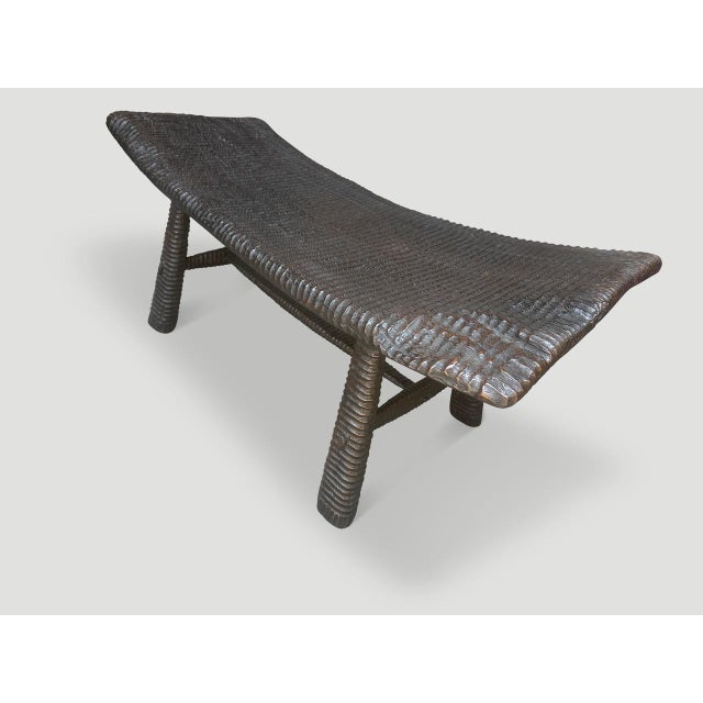 2010s Andrianna Shamaris Impressive Hand Carved Espresso Stained Teak Wood Bench For Sale - Image 5 of 6