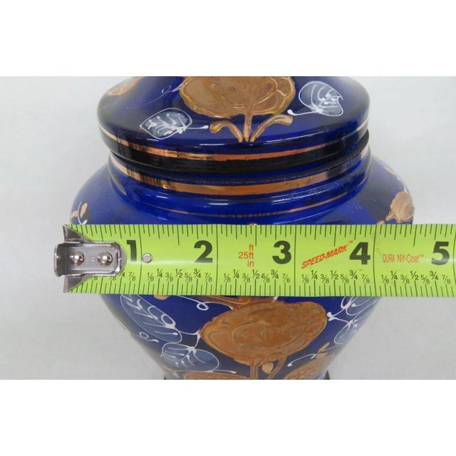 Mid 20th Century Cobalt Blue Glass Hand Painted Floral Urn Bonboniere Cookie Jar With Lid For Sale - Image 5 of 13