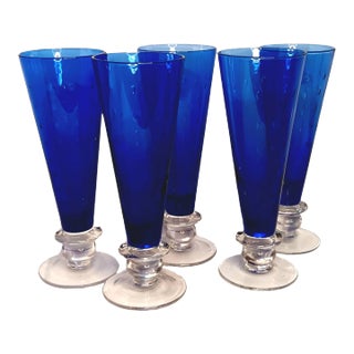 Cobalt Blue Beer Pilsner Cocktail Glasses Handblown With Bubbles Clear Bases- Set of 5 For Sale