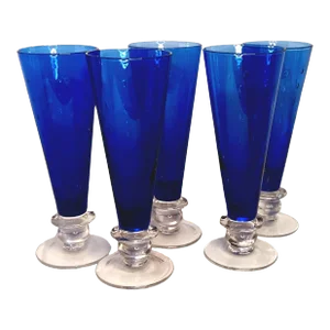 Cobalt Blue Beer Pilsner Cocktail Glasses Handblown With Bubbles Clear Bases- Set of 5