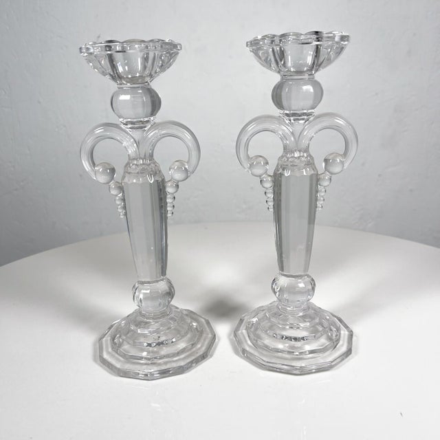 Art Deco Pair Crystal Candle Holders Scalloped Fleur De Lis Austria For Sale - Image 12 of 12