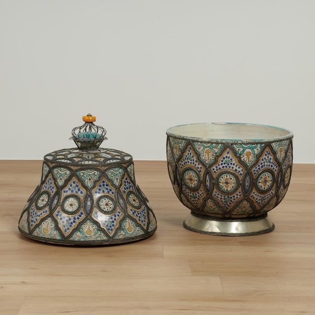 Pair of Vintage Moroccan Terra Cotta and Metal Lidded Urns For Sale - Image 13 of 16