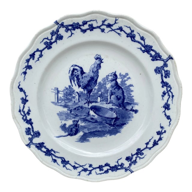 English Blue & White Plate Rooster & Cat Brown Westhead and Moore, Circa 1890 For Sale