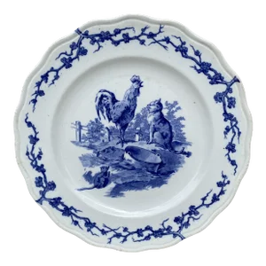 English Blue & White Plate Rooster & Cat Brown Westhead and Moore, Circa 1890