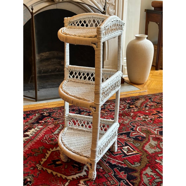 Vintage White Wicker Corner Étagère For Sale In Baltimore - Image 6 of 11