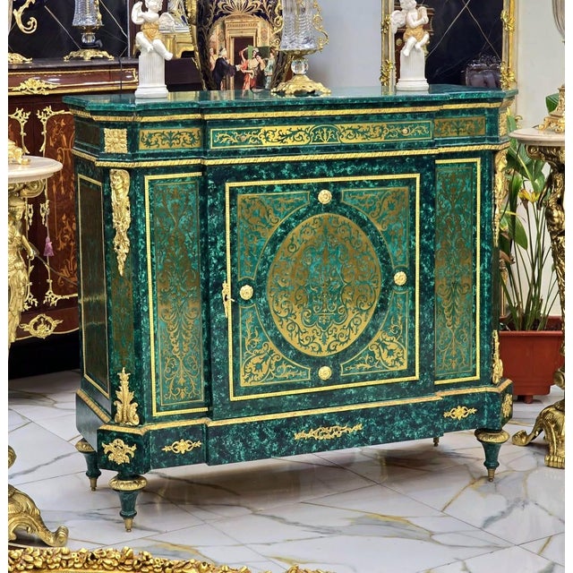 Make a grand statement with this Monumental Louis XVI Style Commode Cabinet, finished in a rich emerald bottle green tone...
