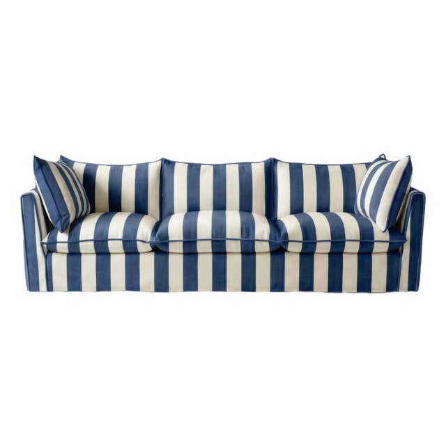 Sophie Conran Coco 4 Seater Sofa - Sea Holly Blue Stripes with Knife Edge Cushion For Sale