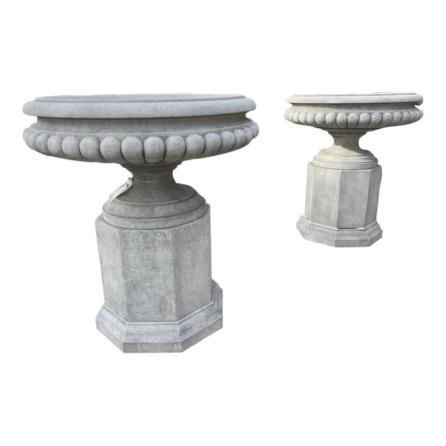 Pair of Wide Italian Tazza-Form Limestone Vases on Pedestals For Sale