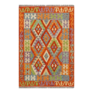 Shabby Chic Kilim Rust Blue Wool Rug - 3'1" X 4'0" For Sale