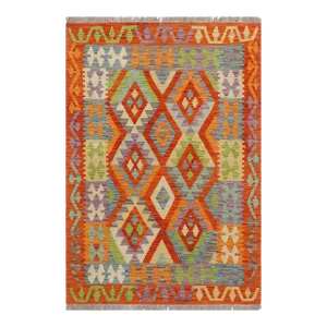 Shabby Chic Kilim Rust Blue Wool Rug - 3'1" X 4'0"