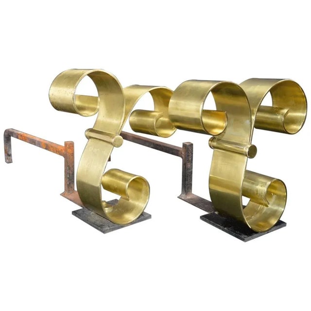 Brass Scroll Andirons After Raymond Subes For Sale - Image 9 of 9