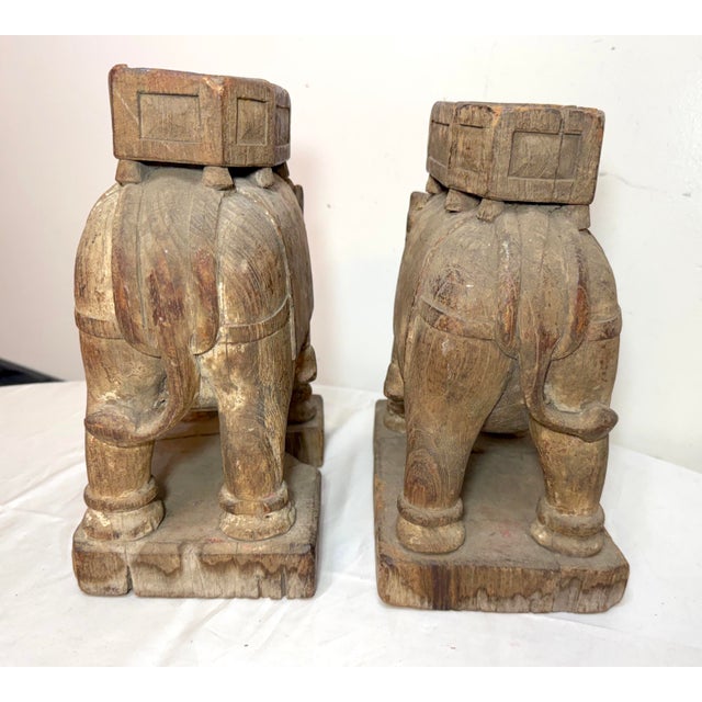Brown Pair of Antique 1700's Hand Carved Wood India Temple Salvage Elephant Sculptures For Sale - Image 8 of 18