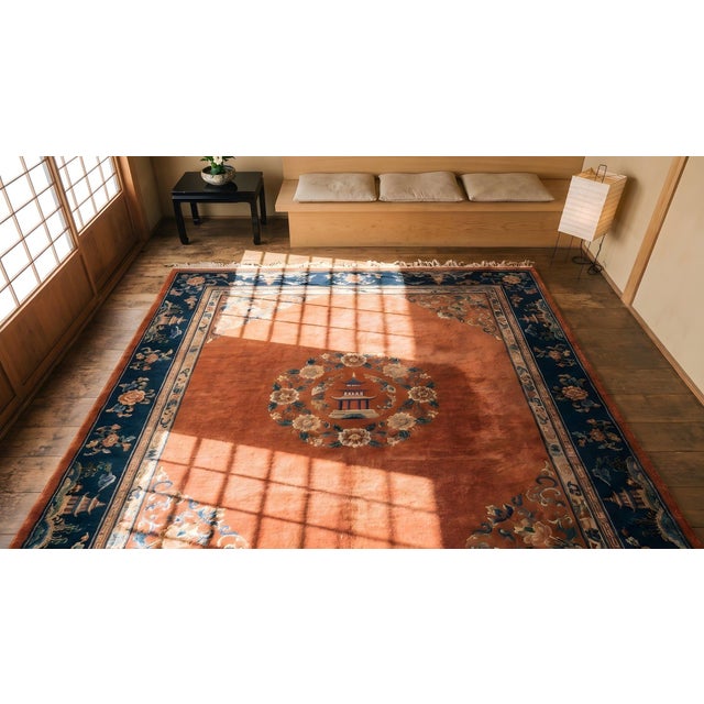 1920s Coral Red Floral Modern Antique Chinese Art Deco Rug 8' X 9'6" Handknotted Wool Carpet For Sale - Image 9 of 9