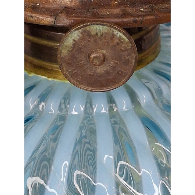 Late 19th Century Rare Thuro Collection Sheldon Swirl Opalescent Kerosene Oil Lamp Blue Reverse For Sale - Image 9 of 18