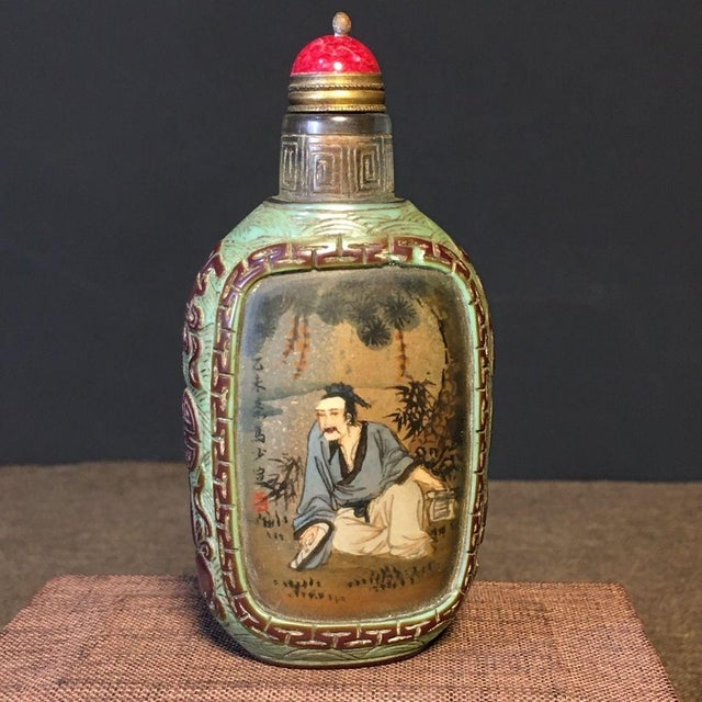 Vintage Inner-Painted Liuli Glass Snuff Bottle - Scholar Scene - 9cm For Sale - Image 4 of 9