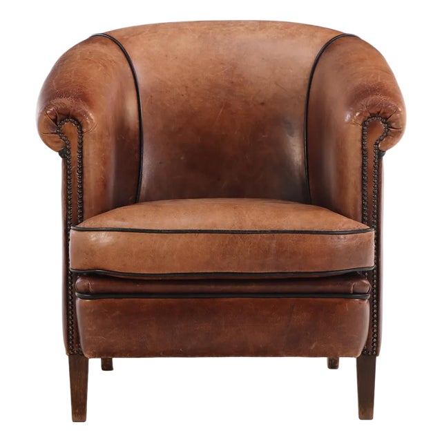 A Dutch Art Deco Style Leather Club Chair, C. 1960. For Sale