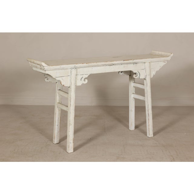 Vintage Antique White Console Table with Weathered Patina and Carved Details For Sale - Image 11 of 12