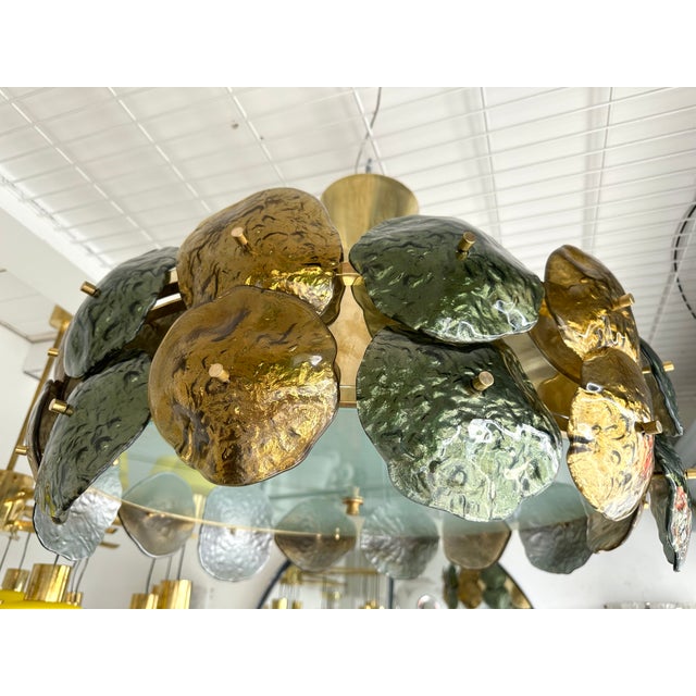 Contemporary Water Lily Chandelier Brass and Murano Glass , Italy For Sale - Image 10 of 12