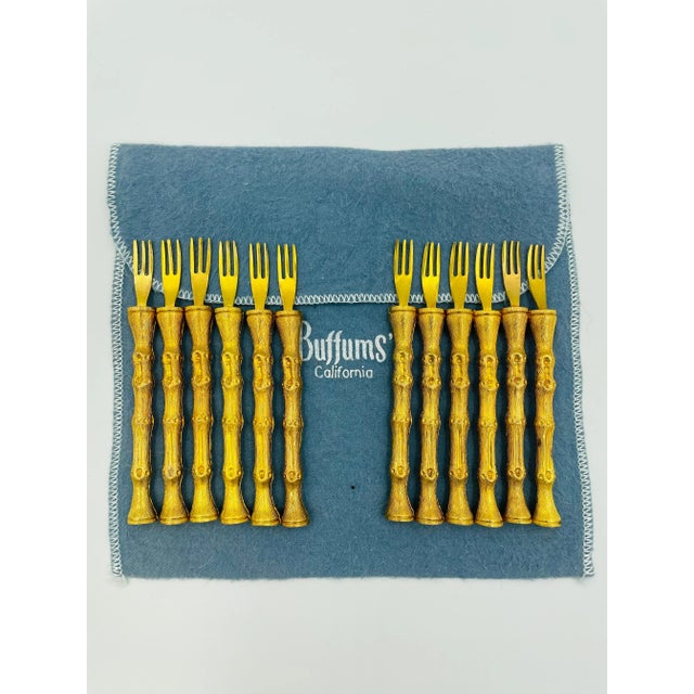 Vintage Gold Tone Bamboo-Style Cocktail Forks From Buffums’ Dept. Store - Set of 12 For Sale - Image 11 of 11