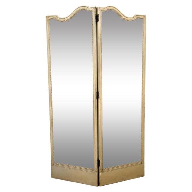 Two-Panel Screen in Cream Lacquered Wood and Beveled Mirrors, 1950s For Sale - Image 4 of 4