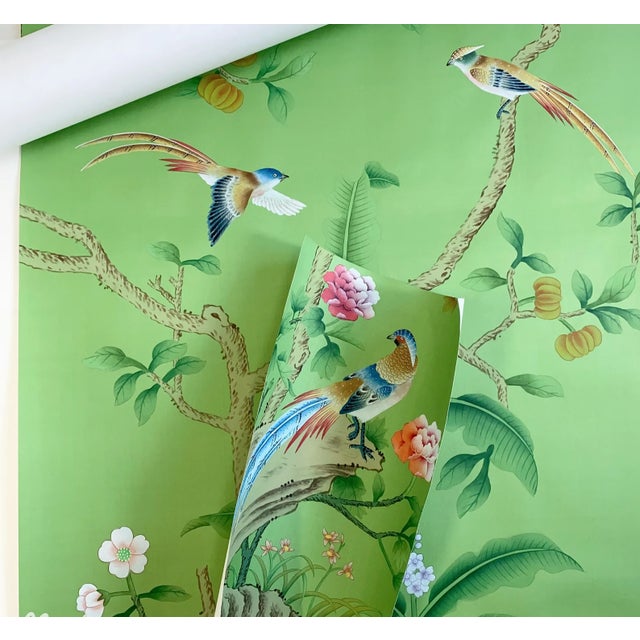 Not Yet Made - Made To Order Hand Painted Green Chinoiserie Floral & Bird Mural Panels (5-Piece Set) For Sale - Image 5 of 6