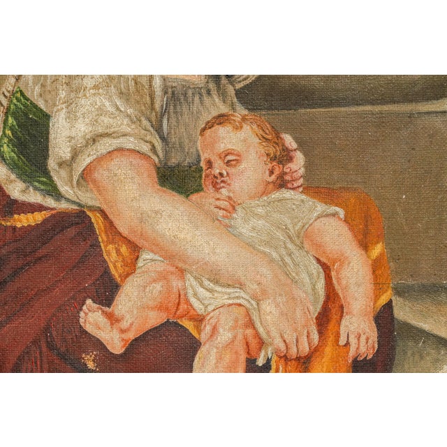 Tender Antique Framed Painting Signed 1877 Madonna Inspired Mother & Child Old World European Art Home Wall Decor For Sale - Image 4 of 15