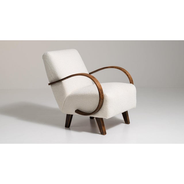 20th Century Czech Republic Warm Ivory Boucle Bentwood-Arm Lounge Chair For Sale - Image 10 of 11