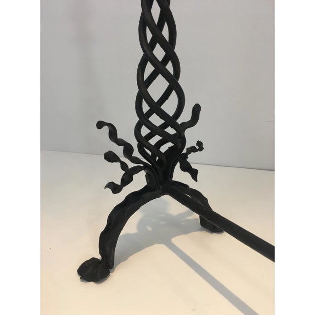 Metal Twisted Wrought Iron Andirons with Finials, French, circa 1920 - A Pair For Sale - Image 7 of 13
