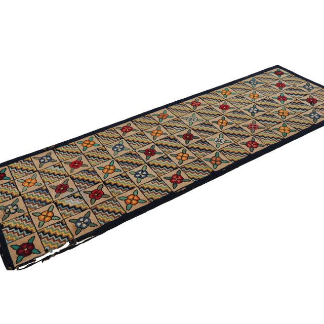Rug & Kilim Antique Hooked Runner in Brown With Floral Patterns & Chevrons | Rug & Kilim For Sale - Image 4 of 7