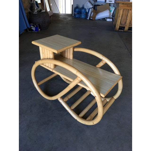 Mid-Century Modern 1930s Restored 3/4 Round Pretzel Rattan Side Table With Two-Tier Formica Tops For Sale - Image 3 of 10