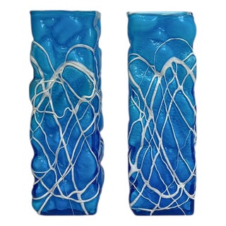 Hand-Blown Blue Art Glass Vases with White Trailing, 1980s, Set of 2 For Sale