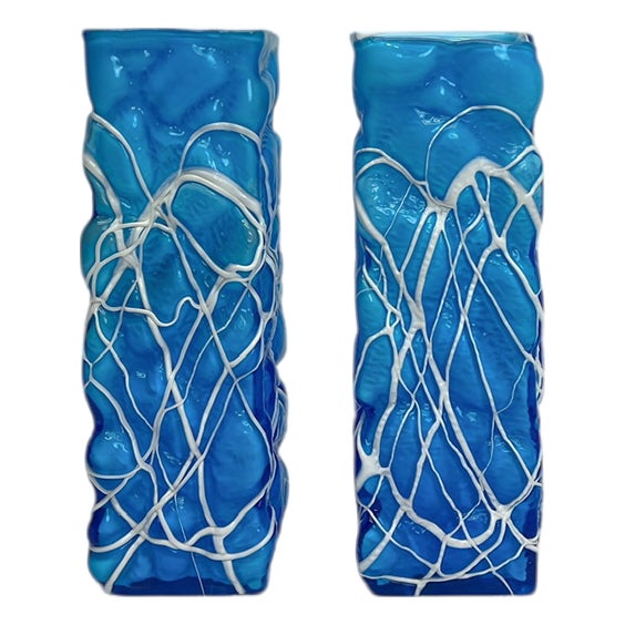Hand-Blown Blue Art Glass Vases with White Trailing, 1980s, Set of 2 For Sale