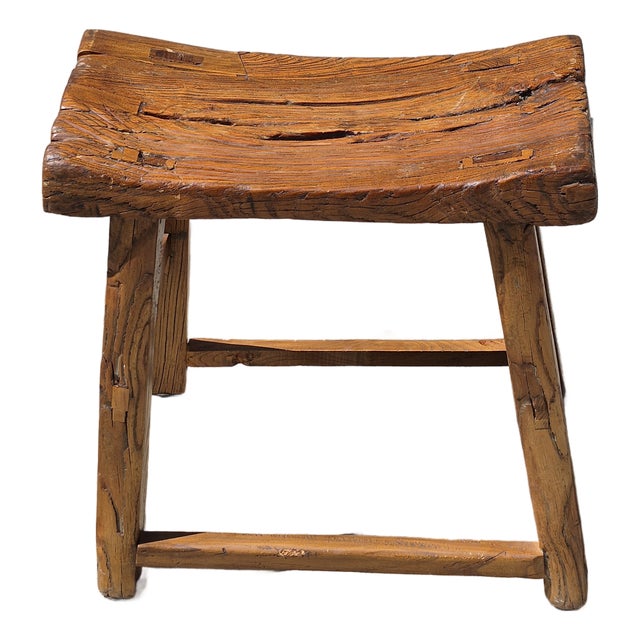 Vintage Rustic Asian Hand-Hewn Elm Wood Saddle Seat Low Stool For Sale