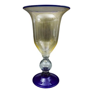 Mid 20th Century Murano Attributed Large Hand Blown Cobalt Blue Gold Fleck Art Glass Pedestal Vase For Sale