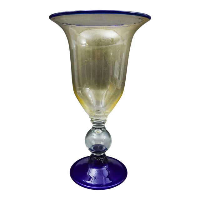 Mid 20th Century Murano Attributed Large Hand Blown Cobalt Blue Gold Fleck Art Glass Pedestal Vase For Sale