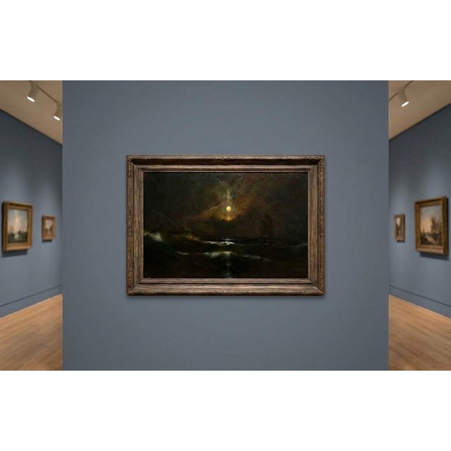 19th Century American School Moonlit Seascape and Shipwreck Oil Painting For Sale - Image 4 of 9