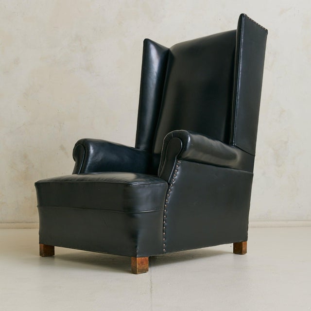 1940s Vintage French Black Leather High-Back Club Chair with Wooden Legs - 2 Available For Sale - Image 5 of 18
