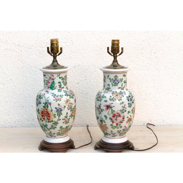 Ceramic Antique Peony Chinese Porcelain Lamp - Pair For Sale - Image 7 of 10
