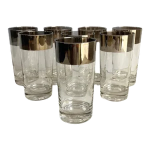 Mid Century Silver Rim Highball Glasses Tall Tumblers- Set of 8