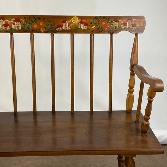 1970s Vintage Arts & Crafts Windsor Spindle Back Pine Bench. For Sale - Image 6 of 12