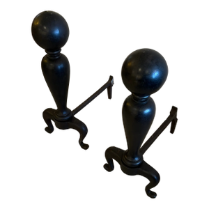 Large Black Iron Canonball Andirons -a Pair