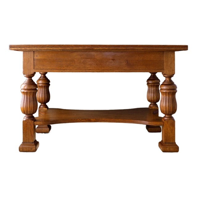 19th Century Tiger Oak Library Table With Two Drawers and Bead Moulding For Sale